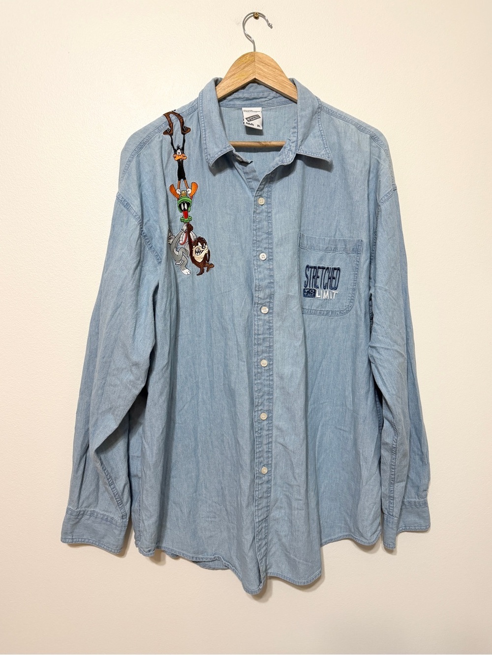 Vintage Looney Tunes Denim Button up Shirt size XL Embroidered Unisex